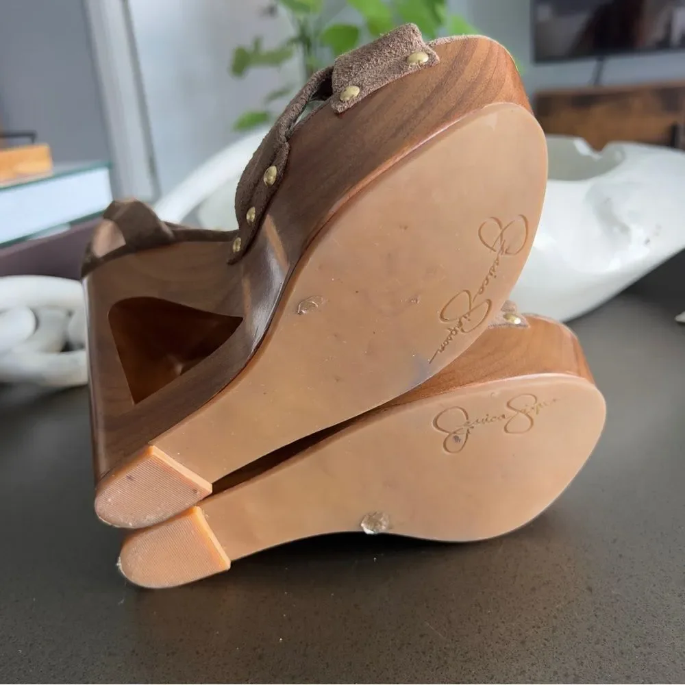 JESSICA SIMPSON Nikki Coffee Veronica Suede Wedge Heels Size 37B
